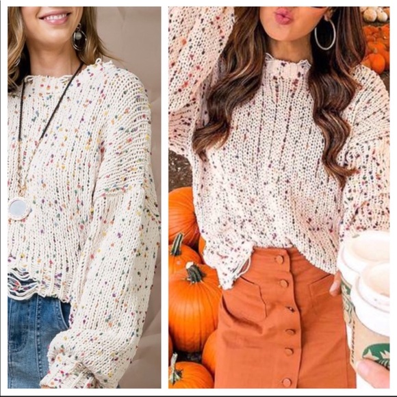 πHPπ Cream Cropped Confetti Distressed Sweater - Picture 2 of 8